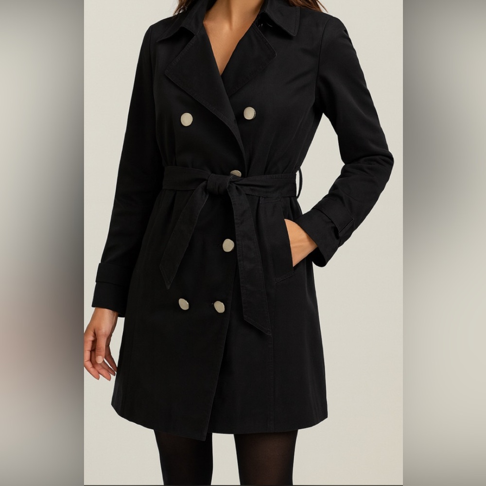 Tahari Black Trench Coat Women’s Size 12 Belted Double Breasted Silver Button